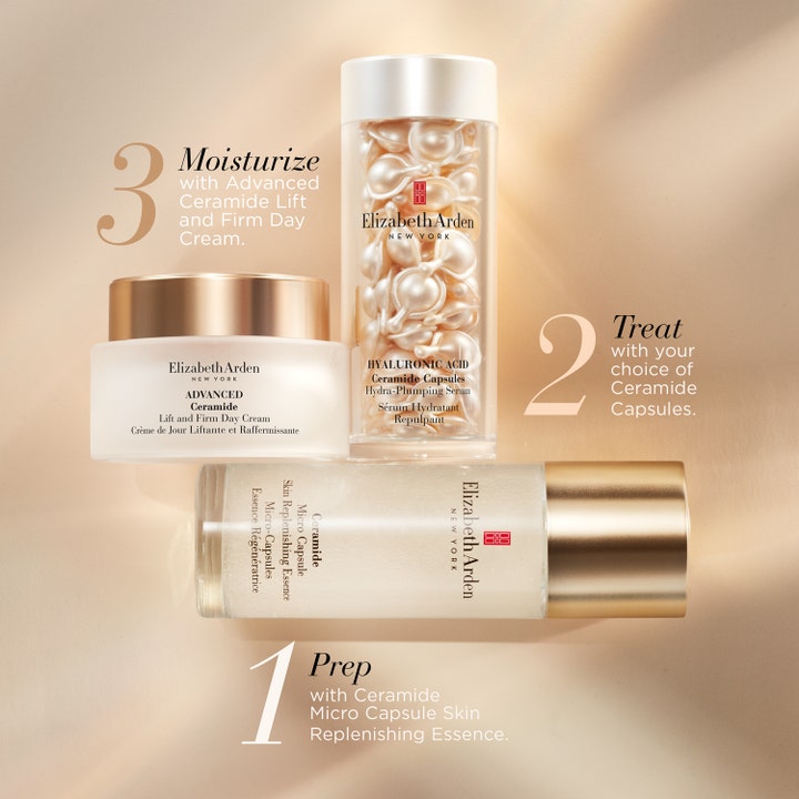 Elizabeth Arden Ceramide Lift & Firm 50 ml kiinteyttävä päivävoide kultakantisessa purkissa osana ihonhoitorutiinia