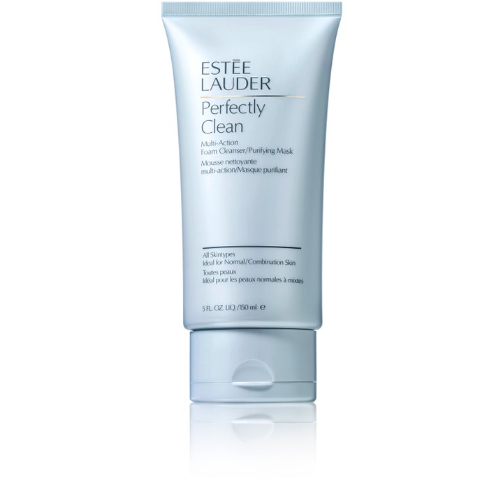 Estée Lauder Perfectly Clean 150 ml syväpuhdistava puhdistusvaahto ja naamio vaaleansinisessä tuubissa kirkastaa ihoa.