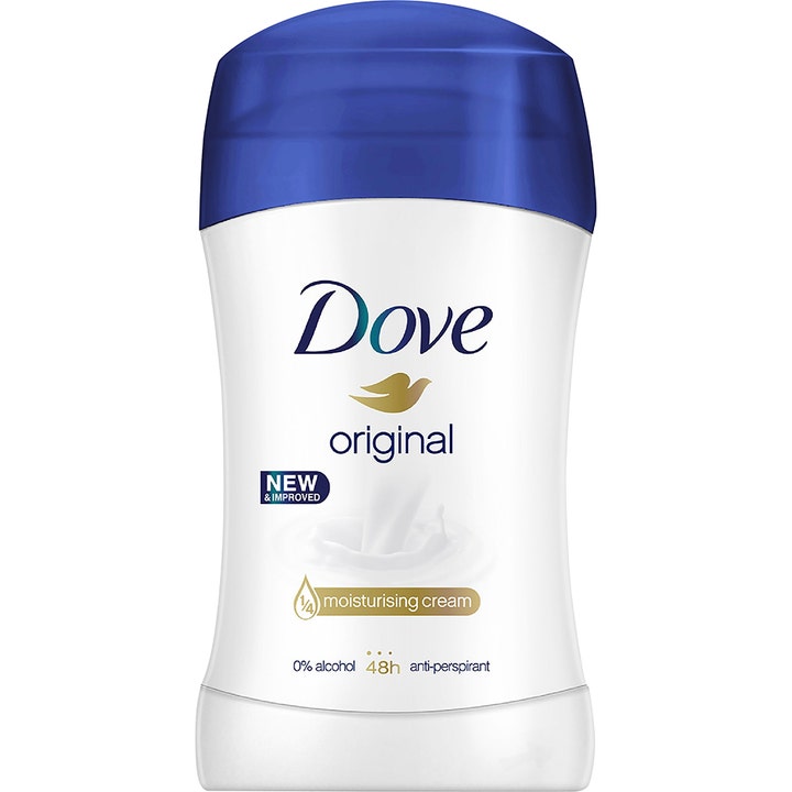 Dove Original 48h kosteuttava antiperspirantti stick-deodorantti valkoisessa hylsyssä, jossa on sininen korkki.