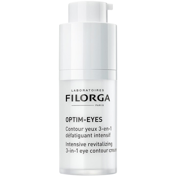 Filorga Optim-Eyes 15 ml silmänympärysvoide on valkoinen pumppupullo joka silottaa ja kirkastaa katsetta.
