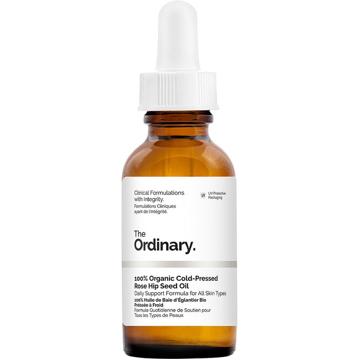 The Ordinary 100% Organic Cold-Pressed Rose Hip Seed Oil 30 ml ravitseva kasvoöljy ruskeassa pipettipullossa.