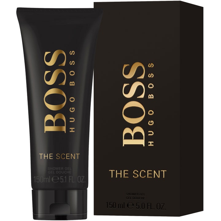 Hugo Boss Boss The Scent 150 ml puhdistava suihkugeeli mustassa tuubissa ja kultaisin kirjaimin koristellussa pakkauksessa
