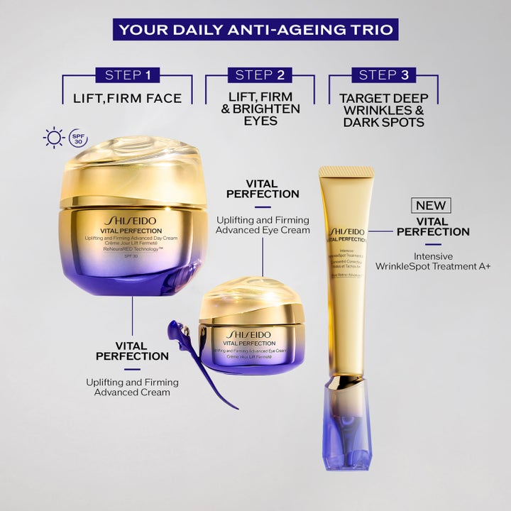 Shiseido Vital Perfection Intensive Wrinklespot Treatment A+ 20 ml täsmätuote osana kolmivaiheista kultaliilaa rutiinia.