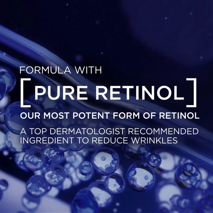L'Oréal Paris Laser Pure Retinol Night Serum 30 ml ryppyjä vähentävä seerumi, Pure Retinol -teksti ja sinisiä kuplia.