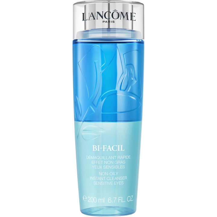 Lancôme Bi-Facil 200 ml silmämeikin poistoaine on kaksifaasinen sininen neste kirkkaassa kohokuvioidussa pullossa.