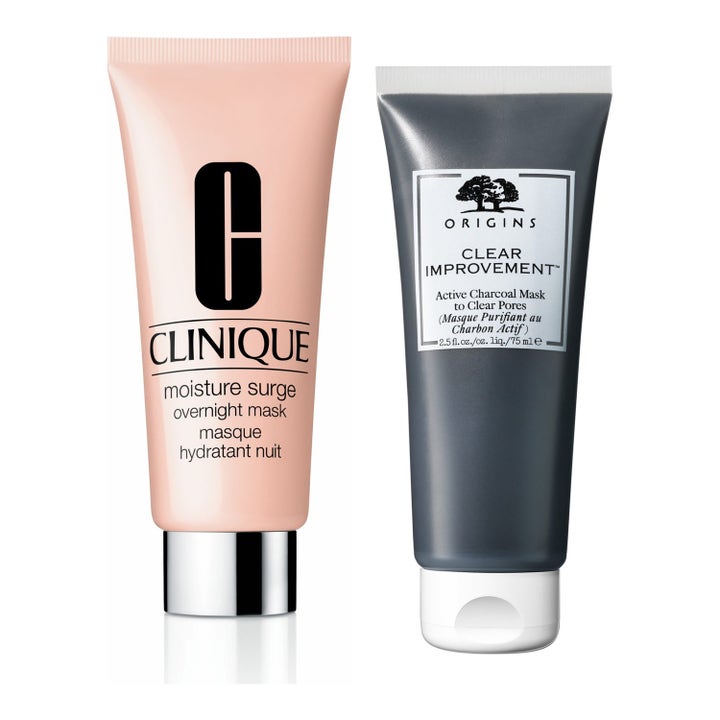 Clinique Moisture Surge ja Origins Clear Improvement 75 ml kasvonaamiot vaaleanpunaisessa ja harmaassa tuubissa.