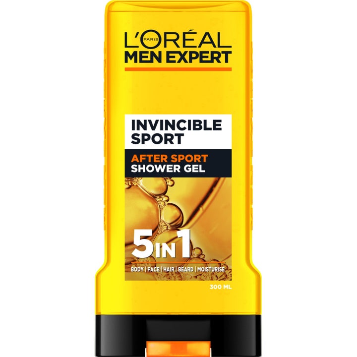 L'Oréal Men Expert Invincible Sport 300 ml virkistävä 5-in-1 suihkugeeli kamferilla keltaisessa muovipullossa.