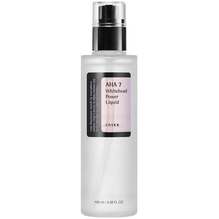 COSRX AHA 7 Whitehead Power Liquid 100 ml kirkastava kuoriva hoitoneste kuultavassa pullossa mustalla pumpulla