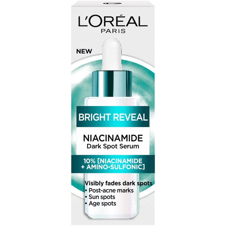 L'Oréal Paris Bright Reveal Niacinamide Dark Spot Serum 30 ml kirkastava seerumi valkoisessa pakkauksessa