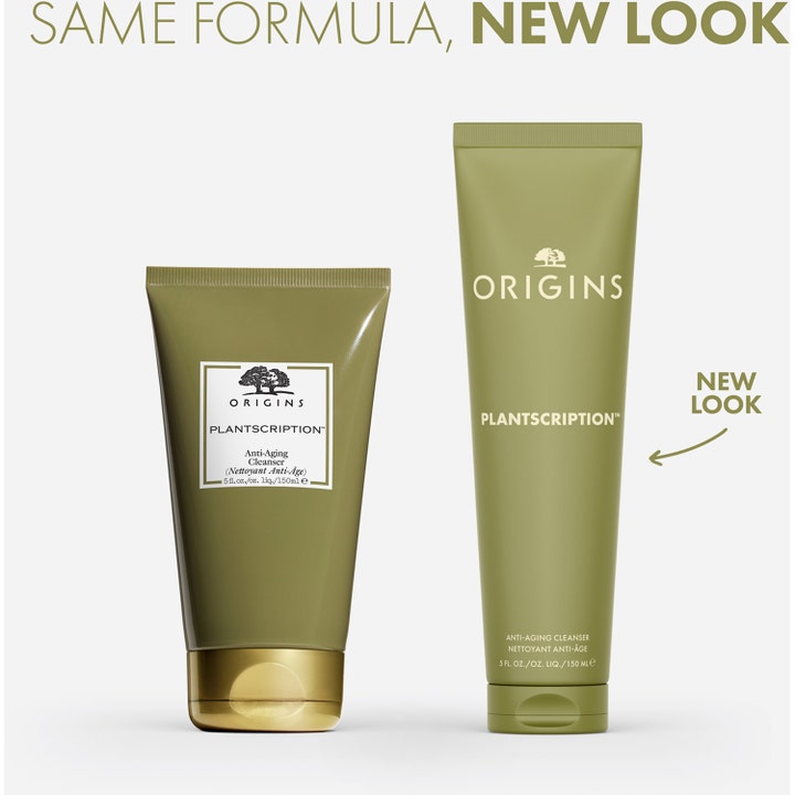 Origins Plantscription Anti-age Cleanser 150 ml puhdistusaine esittelee uuden ja vanhan vihreän pakkauksen.