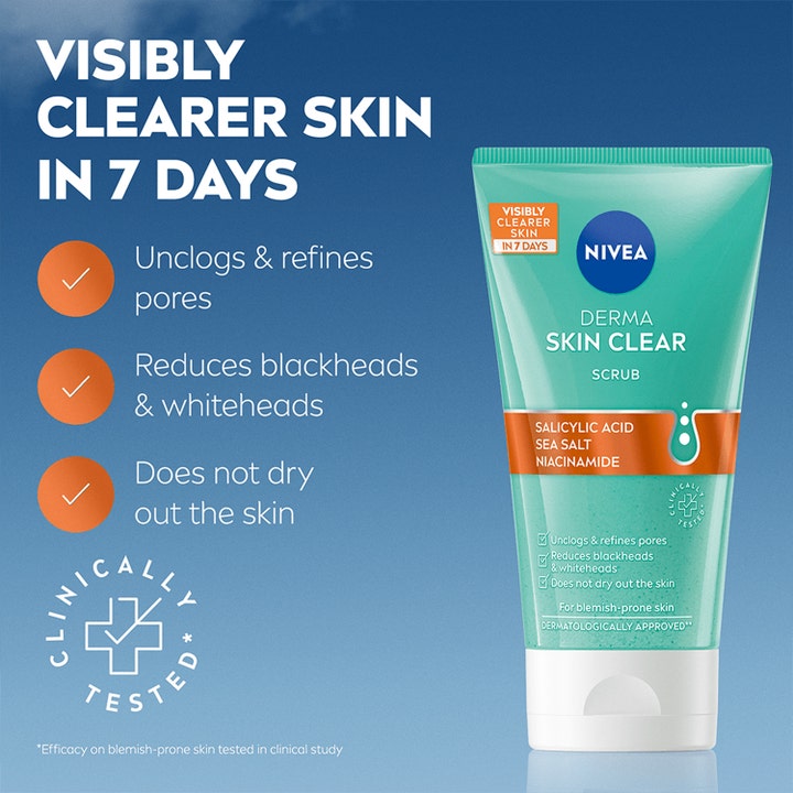 NIVEA Derma Skin Clear Anti-Blemish Scrub 150 ml kasvokuorinta puhdistaa ihohuokoset turkoosissa tuubissa.