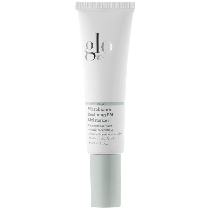 Glo Skin Beauty Microbiome Restoring PM Moisturizer 50 ml tasapainottava yövoide valkoisessa tuubissa harmaalla korkilla