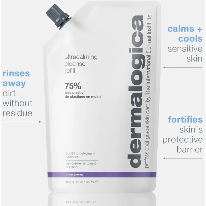 Dermalogica UltraCalming Cleanser 500 ml rauhoittava puhdistusgeeli valkoisessa täyttöpussissa harmaalla korkilla.