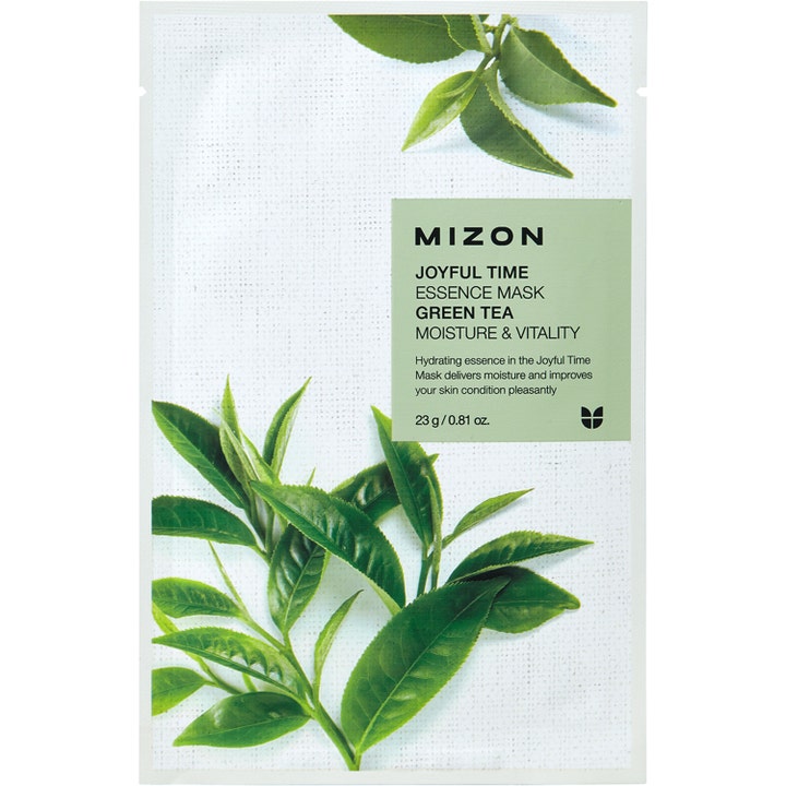 Mizon Joyful Time Essence Mask Green Tea 23 g kosteuttava kangasmaski valkoisessa pakkauksessa vihreillä teelehdillä