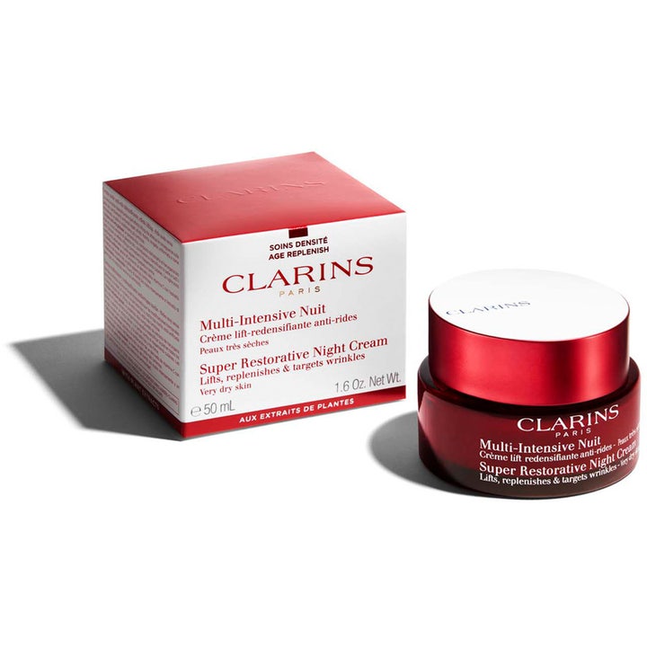 Clarins Super Restorative Night Cream 50 ml uudistava yövoide punaisessa lasipurkissa ja pakkauksessa.