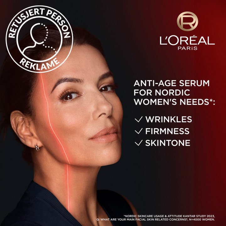 L’Oréal Paris Revitalift Laser 30 ml anti-age-seerumi mainoksessa, jossa nainen ja laserlinja.