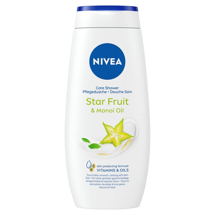 Nivea Star Fruit & Monoi Oil suihkugeeli pehmentää ihoa valkoisessa pullossa, jossa on karambola ja sininen korkki.