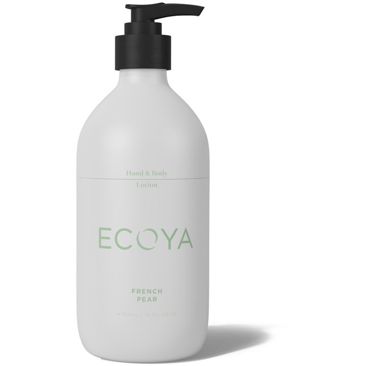 Ecoya French Pear Hand & Body Lotion 450 ml pehmentävä vartalovoide valkoisessa pullossa mustalla pumpulla.