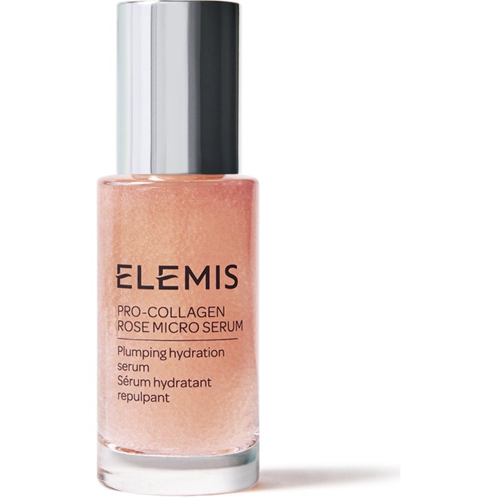 Elemis Pro-Collagen Rose Micro Serum 30 ml täyteläistävä kasvoseerumi hopeisella korkilla ja vaaleanpunaisella sävyllä