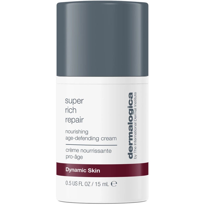 Dermalogica Super Rich Repair 15 ml ravitseva kasvovoide valkoisessa sylinterimäisessä pakkauksessa harmaalla korkilla