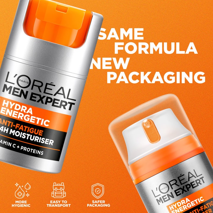 L'Oréal Paris Men Expert Hydra Energetic kosteusemulsio C-vitamiinilla uudessa oranssissa pumppupullossa.