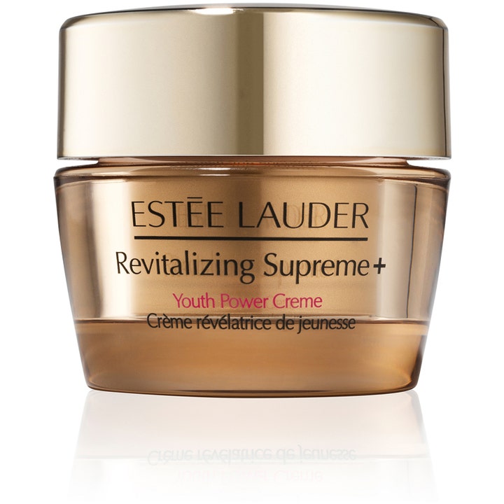 Estée Lauder Revitalizing Supreme+ Youth Power Creme kiinteyttävä kasvovoide kultaisessa lasipurkissa kultaisella korkilla.