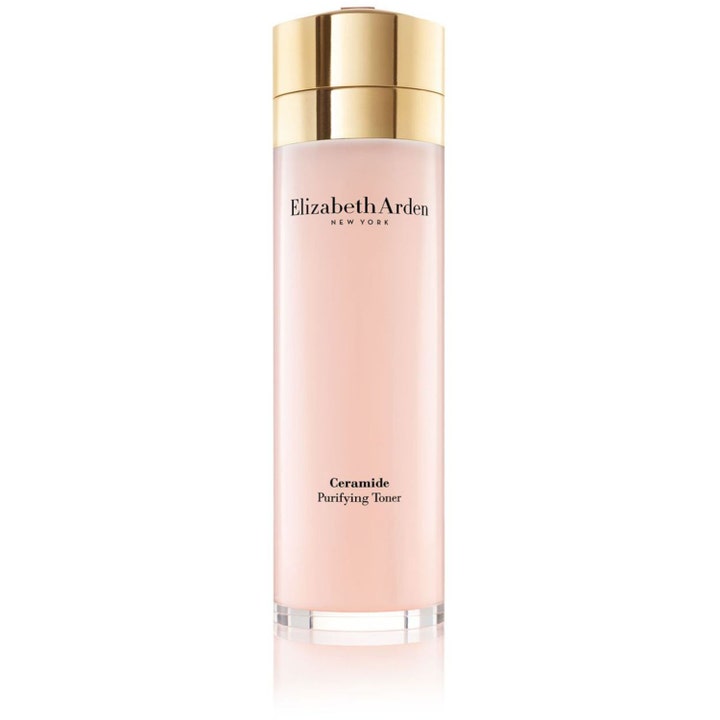 Elizabeth Arden Ceramide Purifying Toner 200 ml puhdistava kasvovesi rauhoittaa ihoa persikkaisessa pullossa kultakorkilla.