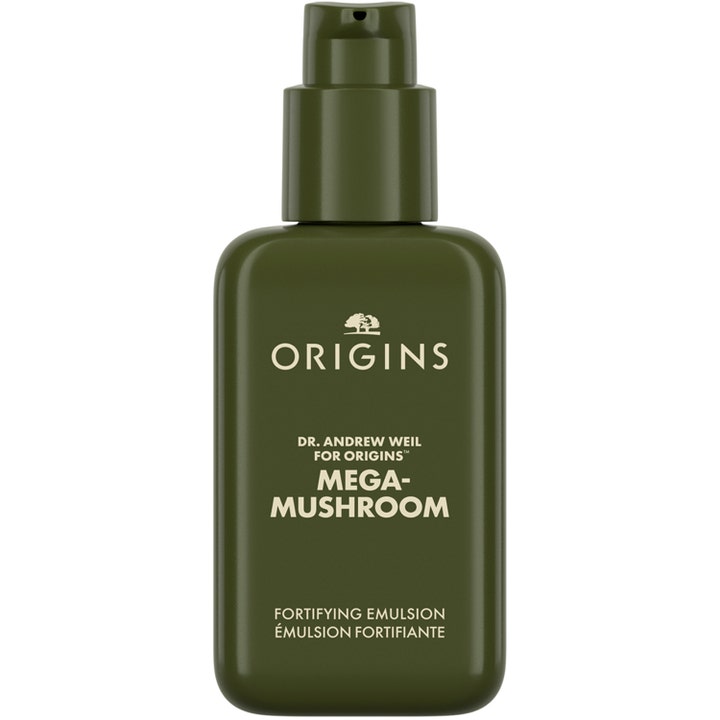 Origins Dr. Weil Mega Mushroom 100 ml vahvistava ja kosteuttava kasvoemulsio tummanvihreässä pumppupullossa.