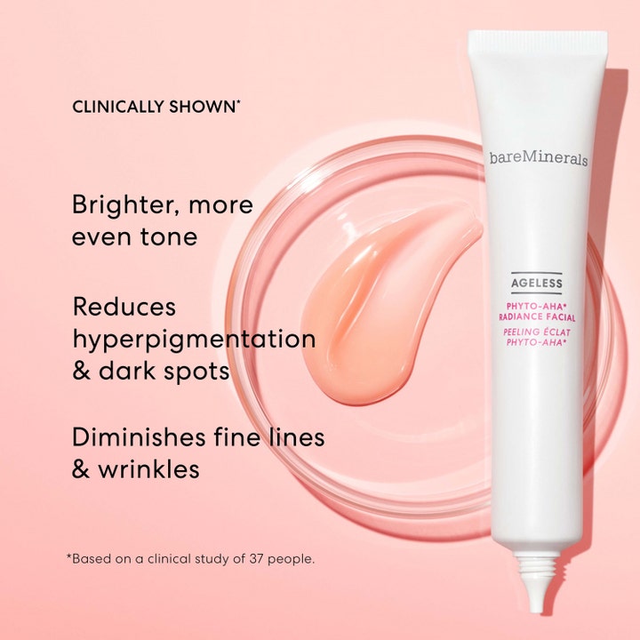 bareMinerals Ageless Phyto-AHA Radiance Facial 50 ml heleyttävä seerumi valkoisessa tuubissa ja persikkainen geeli.