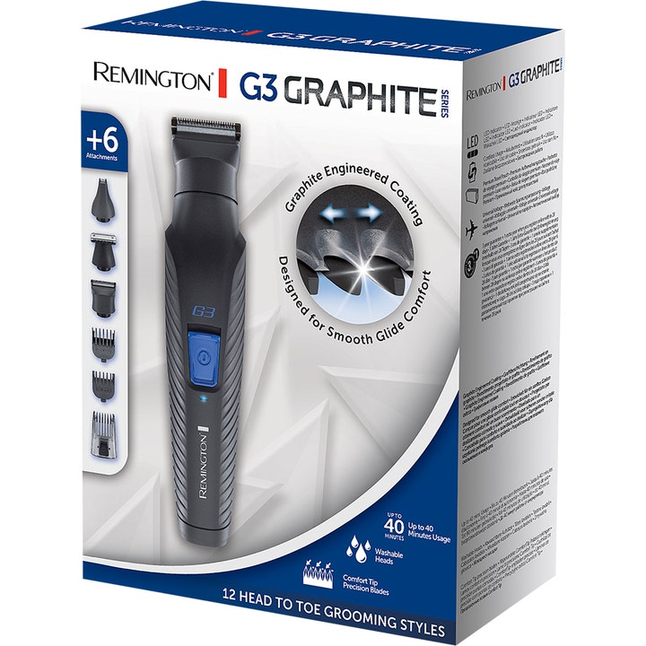 Remington PG3000 G3 Graphite Series 1 kpl partatrimmeri mustassa pakkauksessa jossa on kuusi vaihtopäätä.
