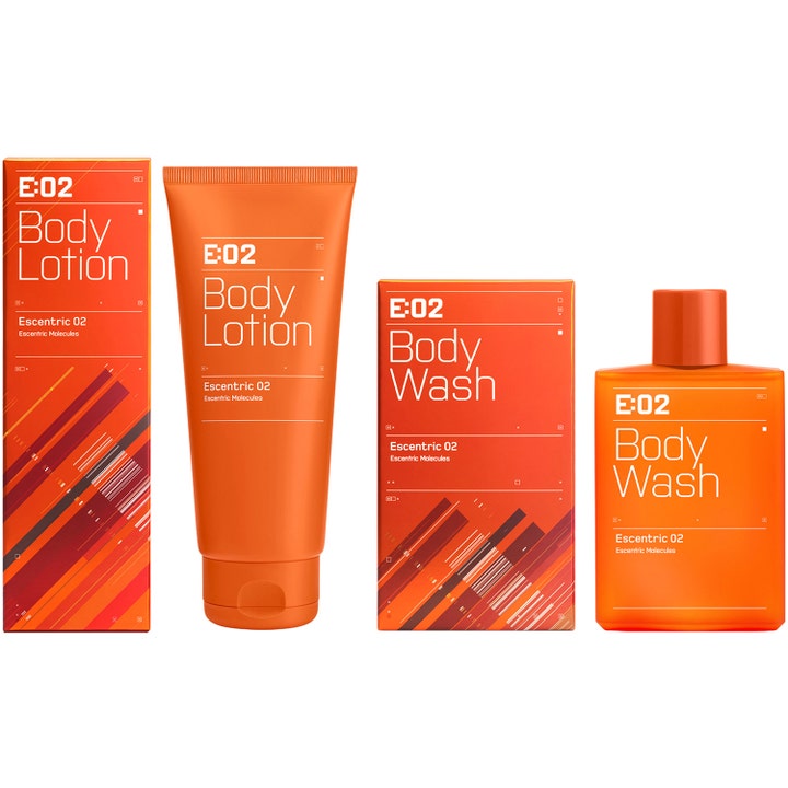 Escentric Molecules Escentric 02 Body Lotion 200 ml kosteuttava vartalovoide oranssissa tuubissa ja pakkauksissa