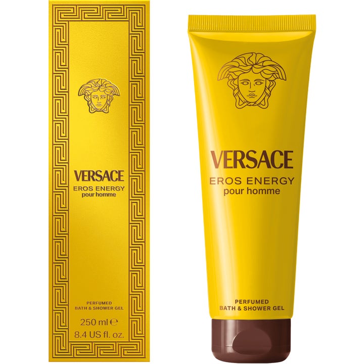Versace Eros Energy 250 ml suihkugeeli keltaisessa tuubissa ja pakkauksessa puhdistaa ja raikastaa ihon.