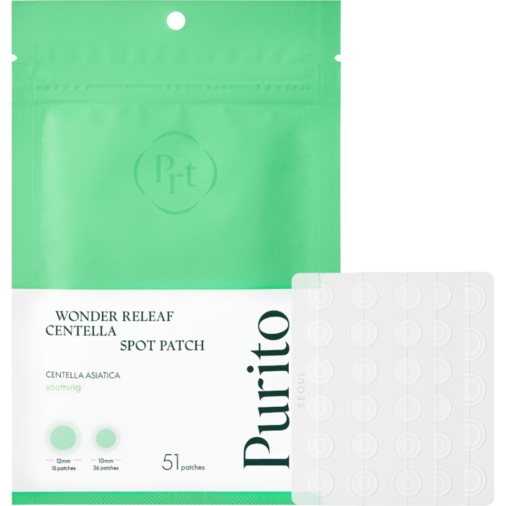 Purito Wonder Releaf Centella Spot Patch 51 kpl rauhoittava finnilaastari vihreässä ja valkoisessa pussissa