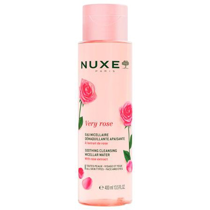 Nuxe Very Rose 400 ml rauhoittava misellivesi vaaleanpunaisessa muovipullossa jossa on ruusukuvioita