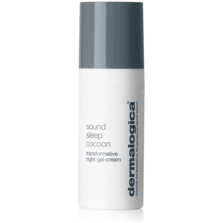 Dermalogica Sound Sleep Cocoon 50 ml heleyttävä yövoide valkoisessa lieriömäisessä pullossa harmaalla korkilla