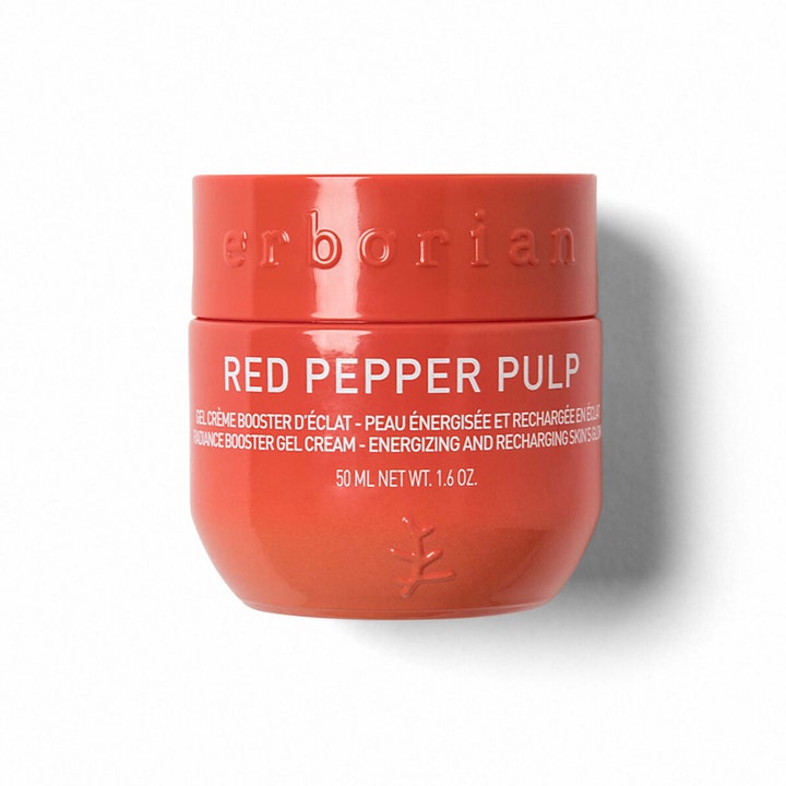 Erborian Red Pepper Pulp 50 ml kirkastava ja energisoiva geelivoide punaisessa purkissa valkoisella tekstillä.
