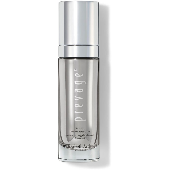 Elizabeth Arden Prevage 3-in-1 Reset Serum 30 ml kirkastava seerumi hopeisessa pumppupullossa.