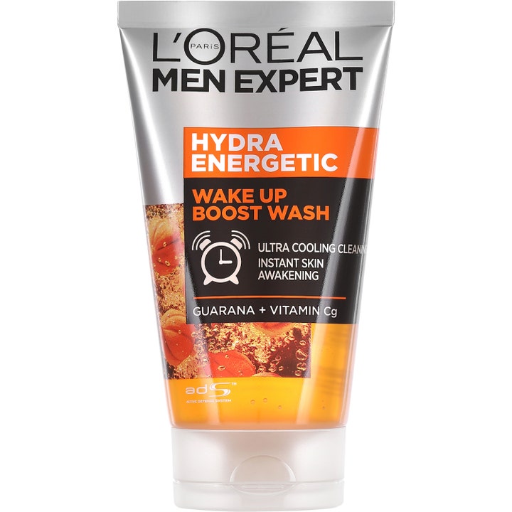 L’Oréal Men Expert Hydra Energetic 100 ml puhdistusgeeli virkistää ihoa hopeisessa tuubissa.