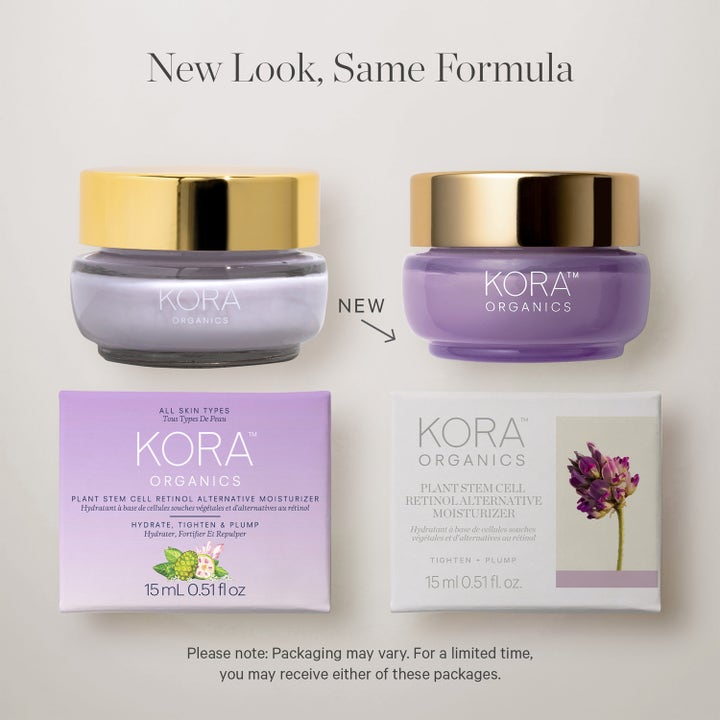 KORA Organics Plant Stem Cell Retinol Alternative Moisturizer 15 ml kasvovoide uudessa ja vanhassa violetissa lasipurkissa.