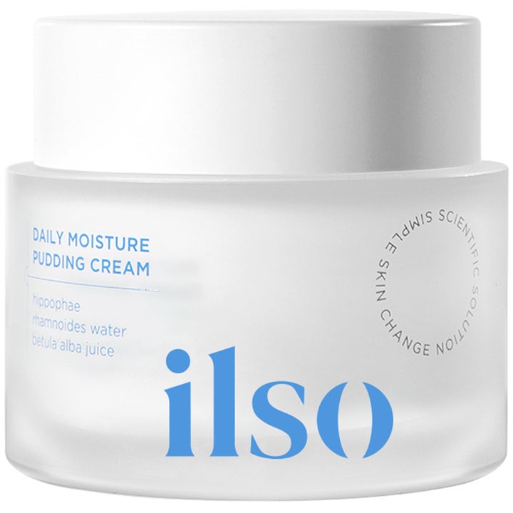 ilso Daily Moisture Pudding Cream kosteuttava kasvovoide huurretussa lasipurkissa valkoisella kannella ja sinisellä tekstillä.