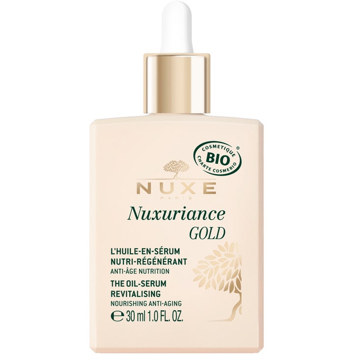 Nuxe Nuxuriance Gold 30 ml ravitseva öljyseerumi ikääntyvälle iholle beigessä pullossa kullanvärisellä korkilla