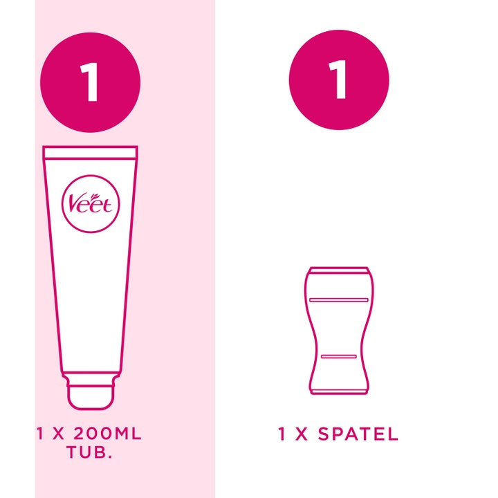 Veet Hair Removal Cream For Normal Skin 200 ml karvanpoistovoide sisältää tuubin ja vaaleanpunaisen lastan.