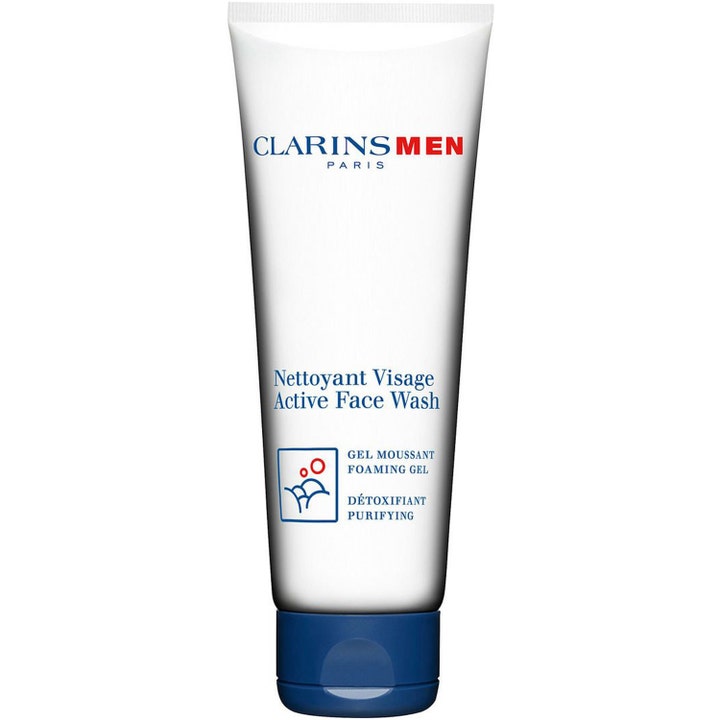 Clarins Men Active Face Wash 125 ml syväpuhdistava kasvojenpuhdistusaine valkoisessa tuubissa sinisellä korkilla