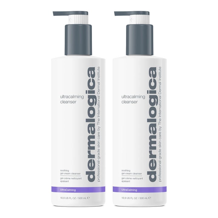 Dermalogica Ultracalming Cleanser 500 ml rauhoittava puhdistusaine herkkää ihoa tyynnyttävät valkoiset pumppupullot.