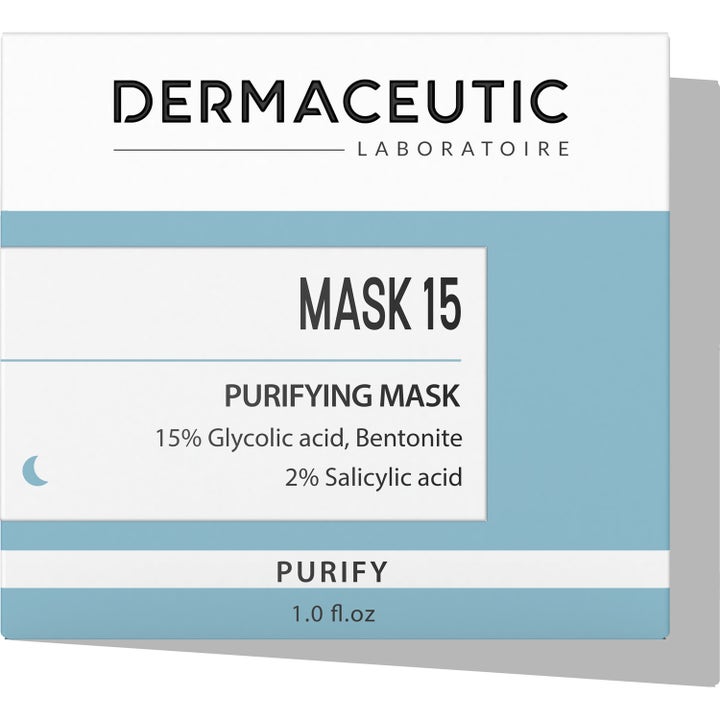 Dermaceutic Mask 15 30 ml syväpuhdistava kasvonaamio vaaleansinisessä ja valkoisessa pakkauksessa.