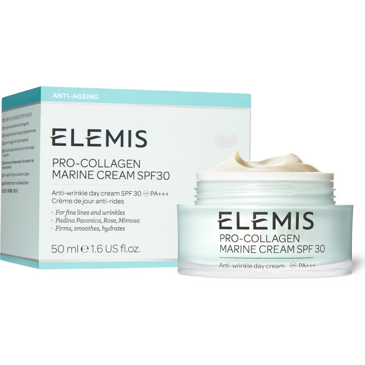 Elemis Pro-Collagen Marine Cream SPF30 50 ml kiinteyttävä päivävoide vaaleansinisessä purkissa ja valkoinen voide