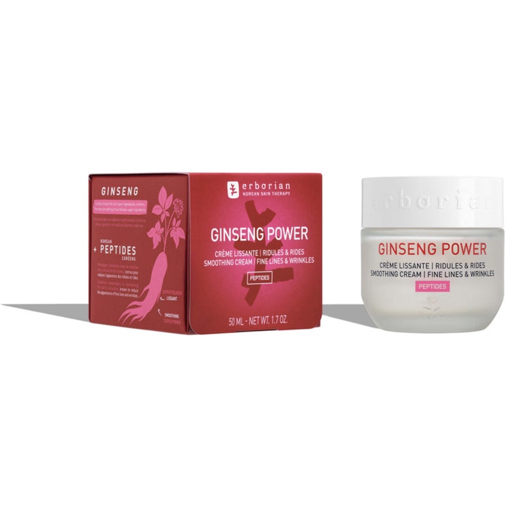 Erborian Ginseng Power 50 ml silottava kasvovoide juonteille punaisessa pakkauksessa ja valkoisessa lasipurkissa.
