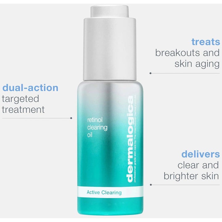 Dermalogica Retinol Clearing Oil kirkastava kasvoöljy turkoosissa pipettipullossa hoitaa epäpuhtauksia ja juonteita.