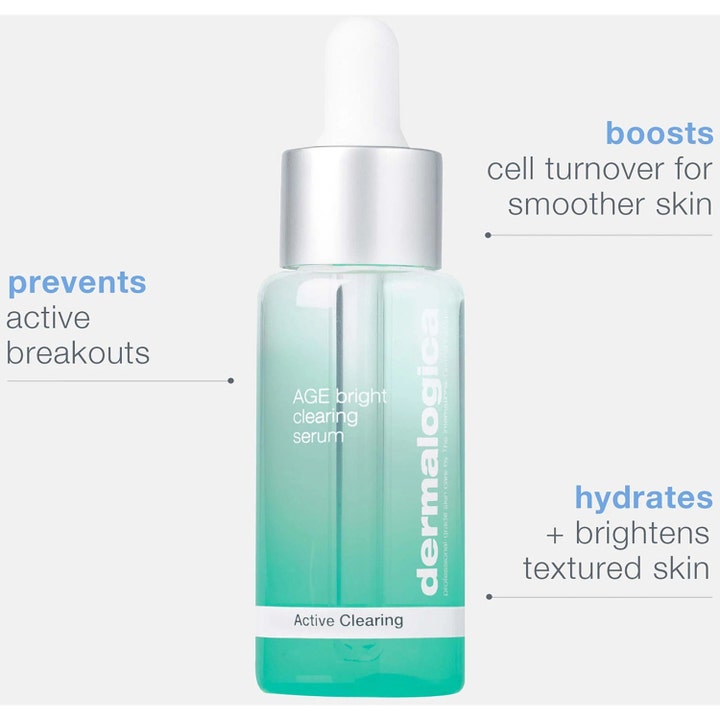 Dermalogica AGE Bright Clearing Serum 30 ml kirkastava seerumi turkoosissa pipettipullossa ehkäisee epäpuhtauksia