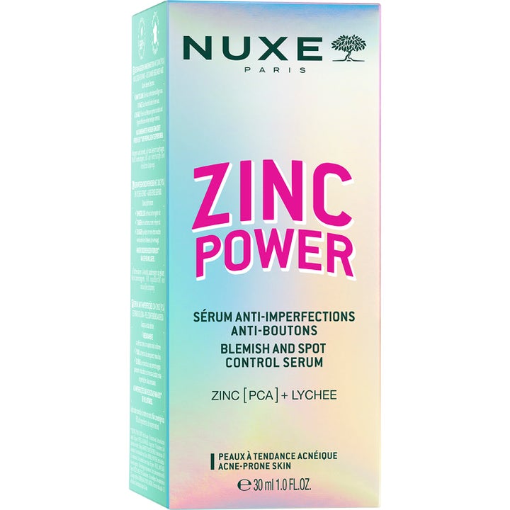 Nuxe Zinc Power Blemish And Spot Control Serum 30 ml epäpuhtauksia hoitava seerumi holografisessa pakkauksessa.